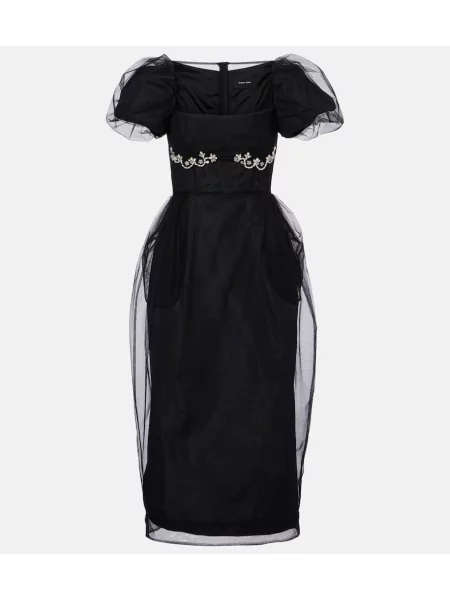 Rochie midi Simone Rocha cu broderie din tul până la genunchi negru
