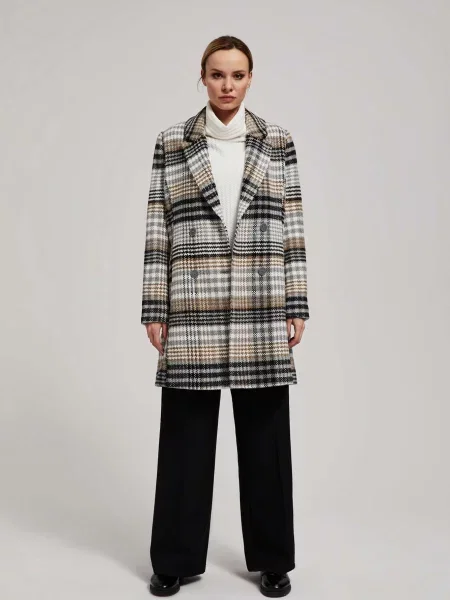 Palton Marisse în carouri cu două rânduri de nasturi negru