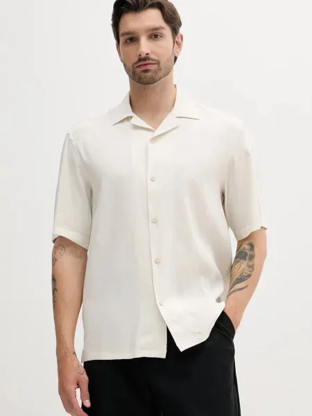 Lněná košile BOSS relaxed béžová