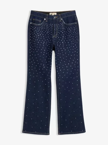 Jeansy straight mid waist zdobione kryształkami niebieskie