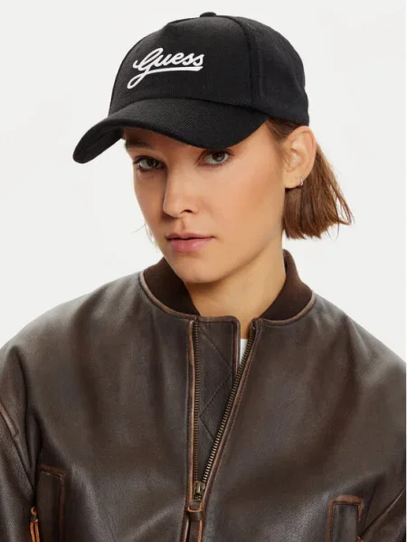Шапка с козирка с вълна Guess с апликация черно