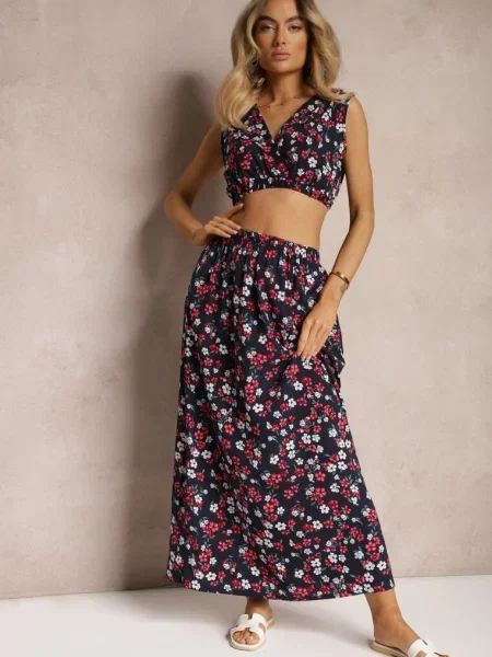 Granatowo-Czerwony Komplet Dwuczęściowy Top bez Rękawów Spódnica z Gumką w Talii w Kwiaty Dimanisa czerwona