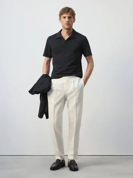 Koszulka polo slim fit z piki z mieszanki bawełny Mężczyzna S MANGO MAN granatowy