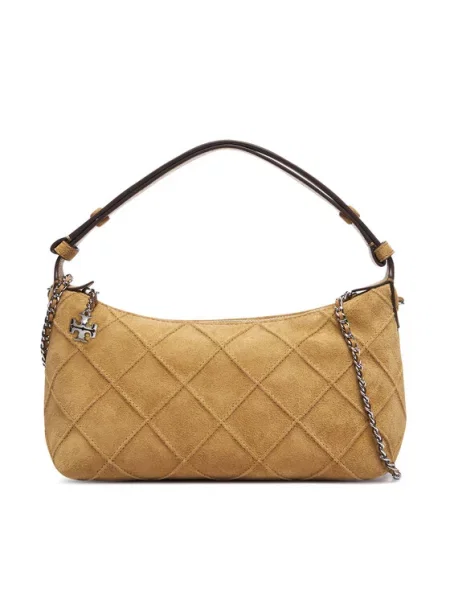 Τσάντα Tory Burch Fleming Suede Pochette Κρεμ μπεζ