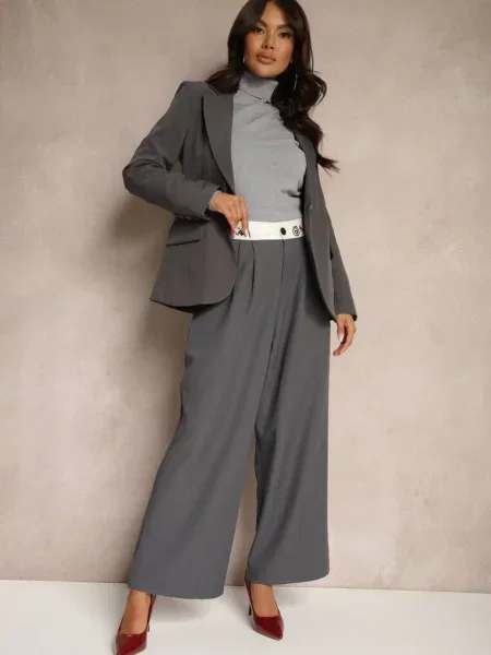 Pantaloni Palazzo Talie Înaltă cu Picior Larg cu Închidere cu și Lomedia gri