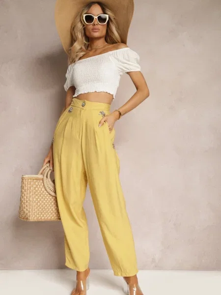 Spodnie High Waist Ozdobione Cyrkoniami Sajara żółte