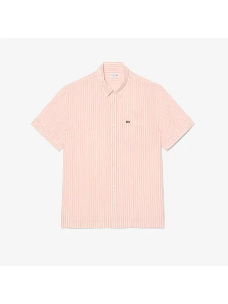 Lacoste Lniana Koszula Z Krótkim Rękawem O Kroju Regular Fit różowy