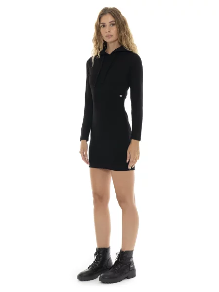 Leone Glam Winter prążkowana sukienka z kapturem czarna