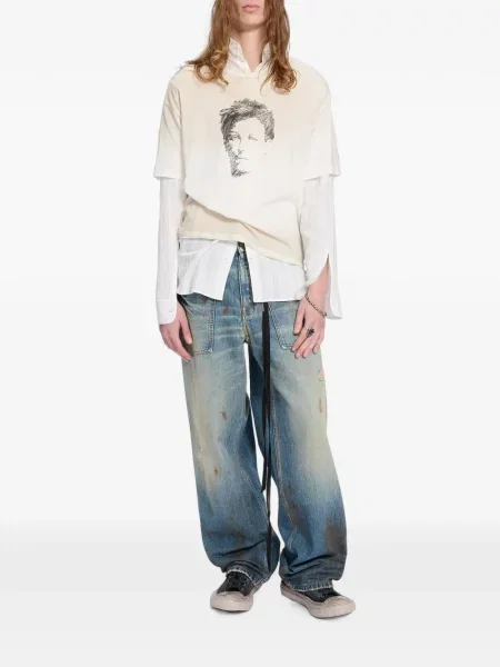 Szerokie jeansy Ann Demeulemeester z przetarciami niebieskie