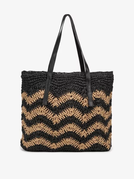Czarno-Beżowa Torebka na Rączkach w Stylu Boho i Plecionki Torpia czarna