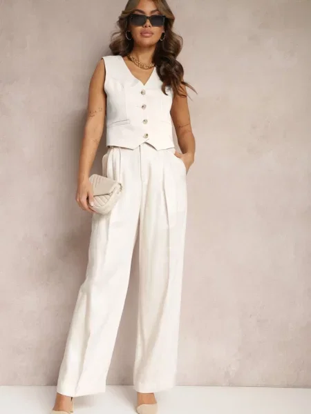 Jasnobeżowe Szerokie Spodnie High Waist z Keanne beżowe