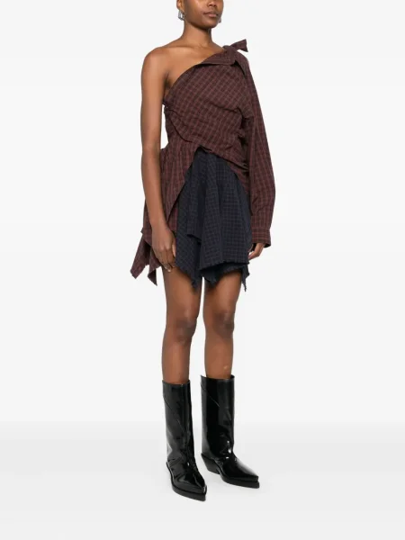 Rochie mini Alexander Wang în carouri cu un umăr gol maro