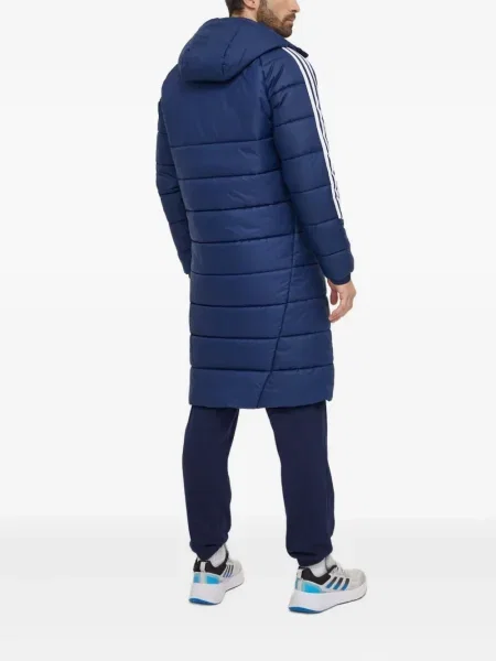Geacă cu puf Adidas din piele de căprioară cu dungi cu glugă albastru