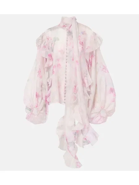 Bluză Zimmermann cu model floral cu volane cu legături roz
