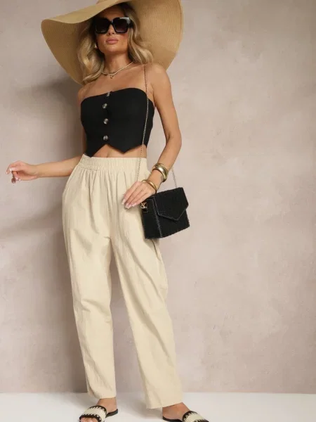 Spodnie z Bawełny High Waist Sonirea beżowe