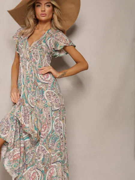 Rozkloszowana Sukienka Maxi na Ozdobiona Etnicznym Wzorem Kleriala zielona