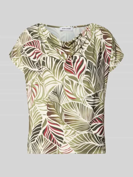 T-shirt we wzór na całej powierzchni z lejącym dekoltem More & More oliwkowa