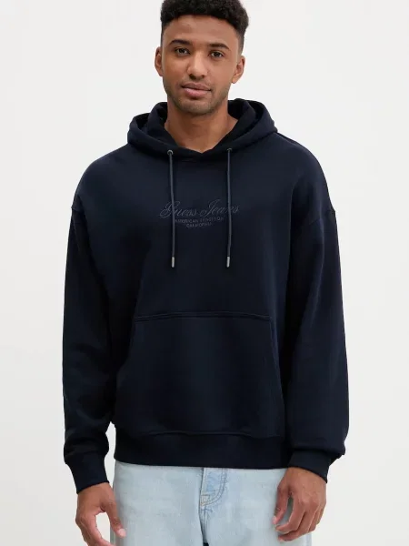 Bombažen pulover Guess Jeans mornarsko s kapuco modra