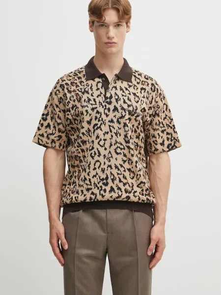 Wacko Maria polo de LEOPARD KNIT POLO SHIRT cu imprimeu bej