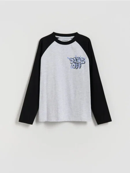 Reserved Tricou din cu mânecă lungă și imprimeu deschis gri