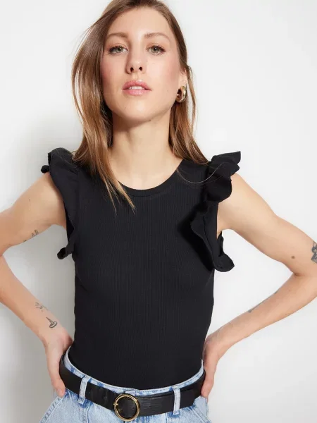 Body Trendyol tricotate cu decolteu rotund negru