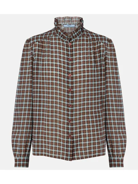 Jedwabny top Prada w kratkę niebieski