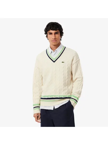 Lacoste Wełniany Sweter W Splot Warkoczowy Z Dekoltem W Szpic biały