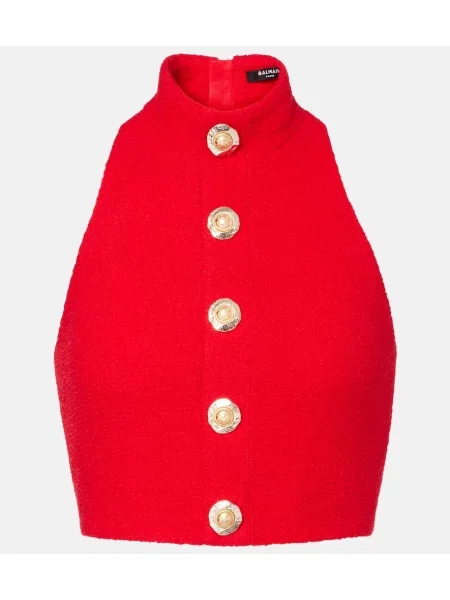 Top Balmain de lână cu gât halter roșu
