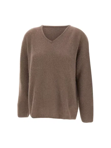 Sweter Hemisphere z dekoltem w serek brązowy