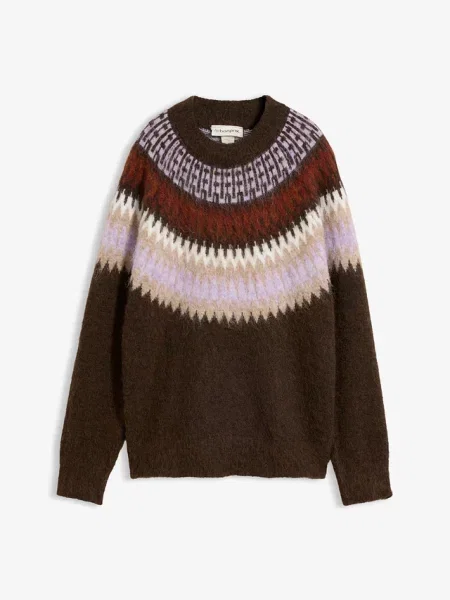 Sweter w norweski wzór z okrągłym dekoltem brązowy