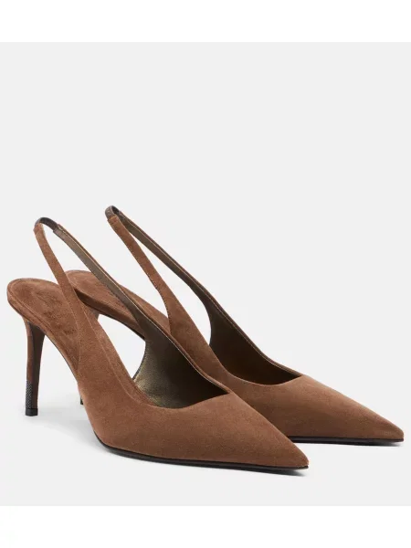 Pantofi cu toc Brunello Cucinelli din piele de căprioară slingback maro