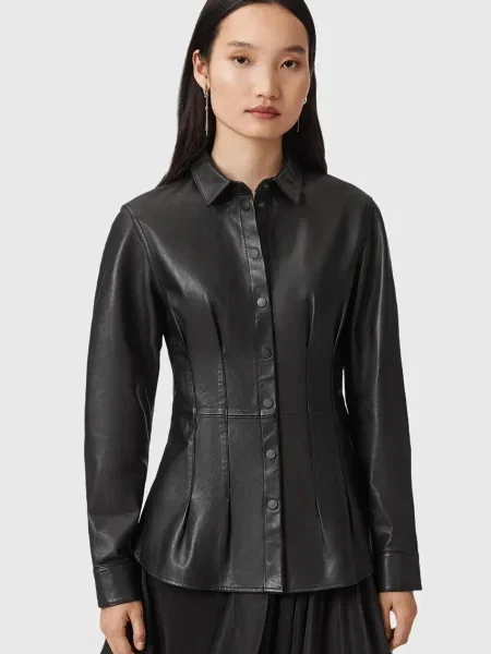 Кожена риза AllSaints LARSON дамска с кройка по тялото с класическа яка черно
