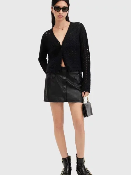 Кожена пола AllSaints ROCK MINI къса със стандартна кройка черно