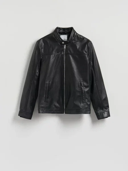Кожаная куртка Reserved с воротником стойка черная