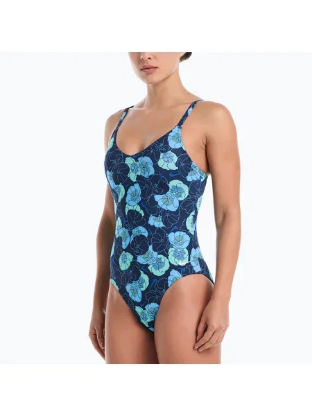 Costum de baie întreg pentru femei Nike Poppy Print V-Neck midnight navy albastru închis