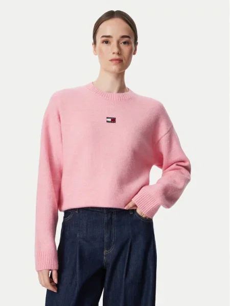 Tommy Jeans Pulover Fluffy Badge Svetlo rožnata