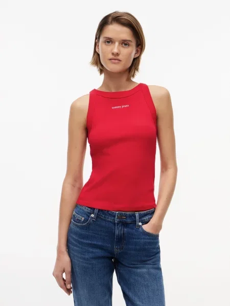 Tommy Jeans crop top dámsky s elastanom červená