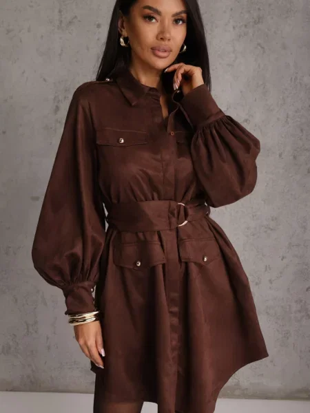 Rochie Utility cu croială de cămașă din piele întoarsă sintetică Wirette maro