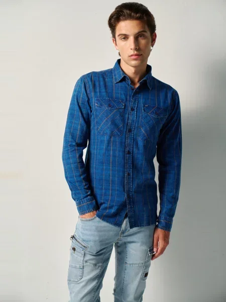 KOROSHI Cămașă denim / portocaliu albastru