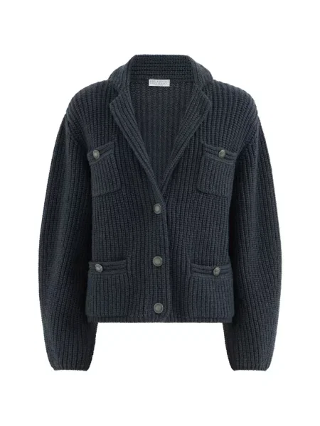 Cardigan Brunello Cucinelli din cașmir cu pene albastru