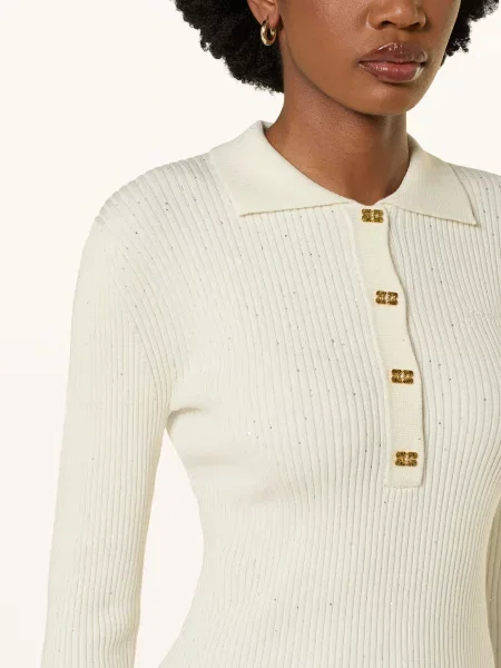 Ganni Dzianinowa Koszulka Polo Z Cekinami beige beżowe