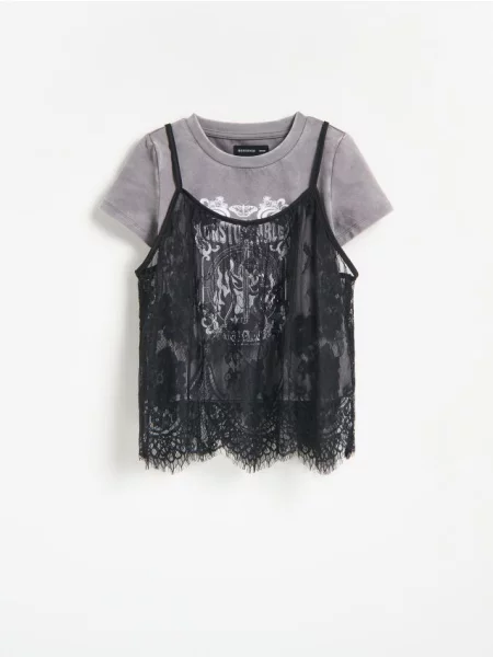 Reserved Tricou cu strat dublu și imprimeu negru