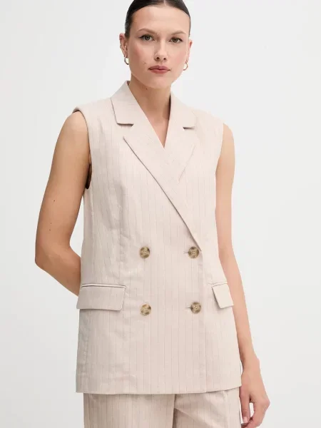 United Colors of Benetton vestă cu amestec de in cu doua randuri de bej