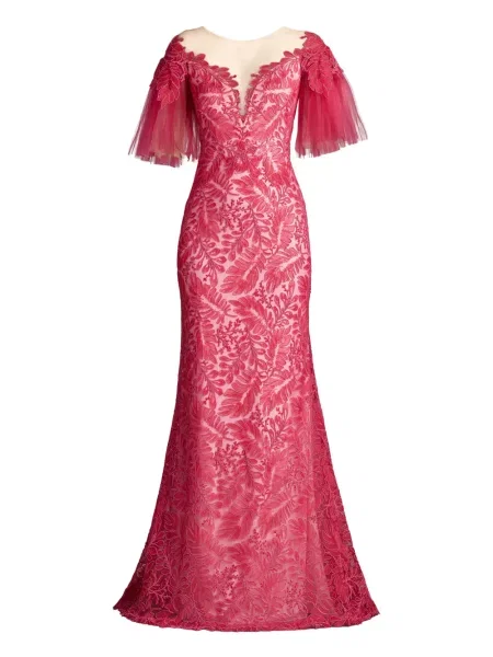 Haftowana sukienka Tadashi Shoji tiulowa garniturowa różowa