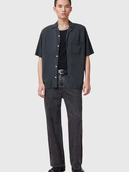 Сорочка з домішкою льону AllSaints CUDI regular синій