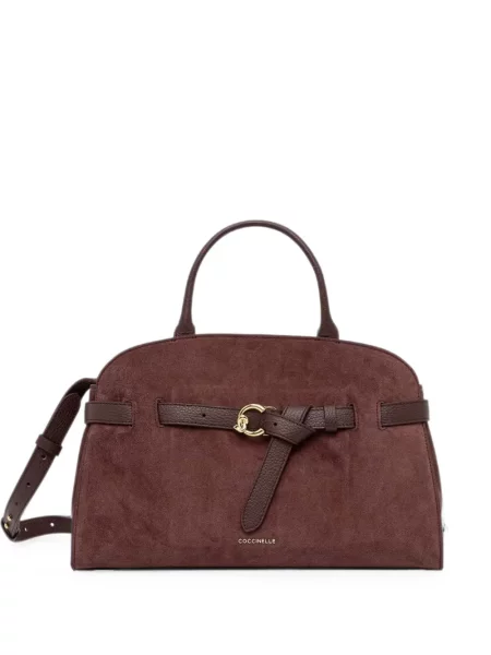 Geantă shopper Coccinelle din piele de căprioară cu cataramă maro