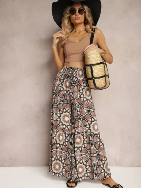 Spodnie Typu Palazzo z High Waist z Gumką w Pasie Bistalia brązowe