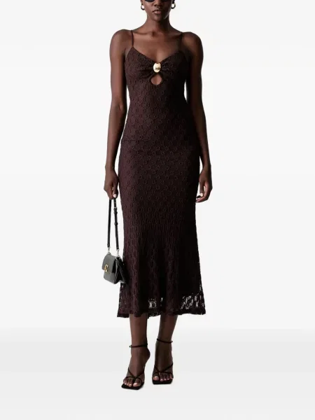 Rochie midi Bardot cu model floral din dantelă maro