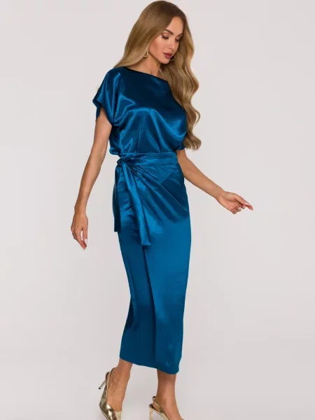 Rochie Made Of Emotion din satin cu legături albastru