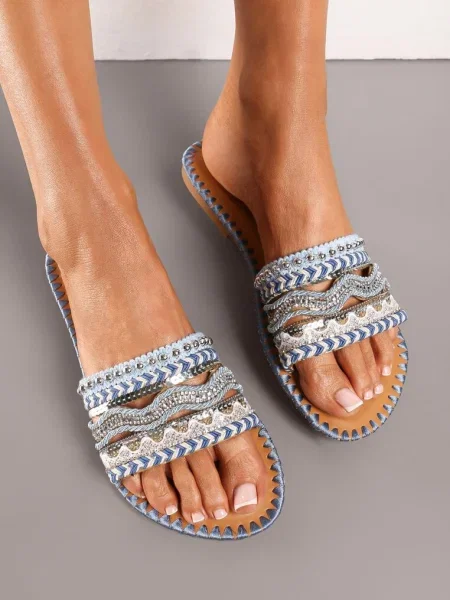 Papuci Albastrui cu Talpă Plată în Stil Boho cu Dantelă Nituri și Șnur Împletit Finisate cu Imitație de Zirconiu albastru